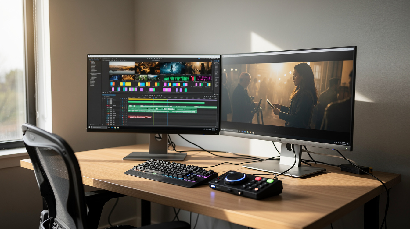 Video editor working at a dual monitor editing suite with timeline footage