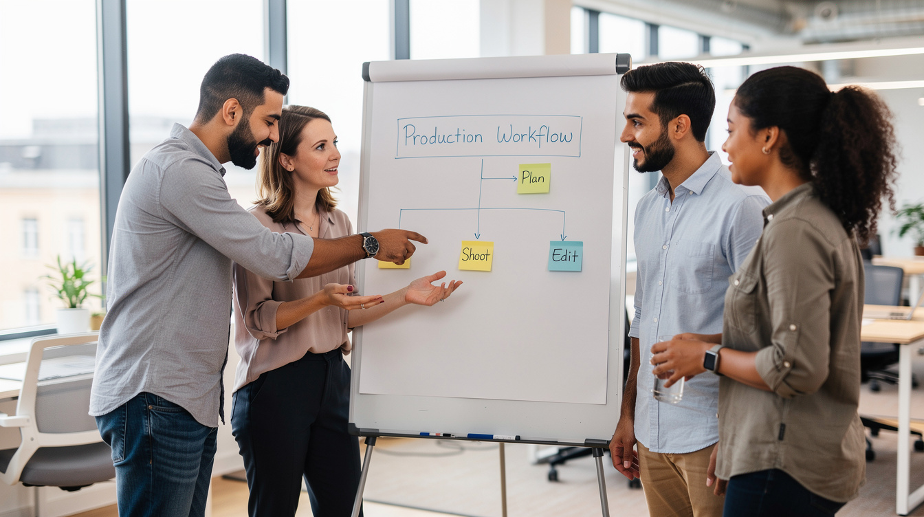 Media production team collaborating around a whiteboard workflow diagram