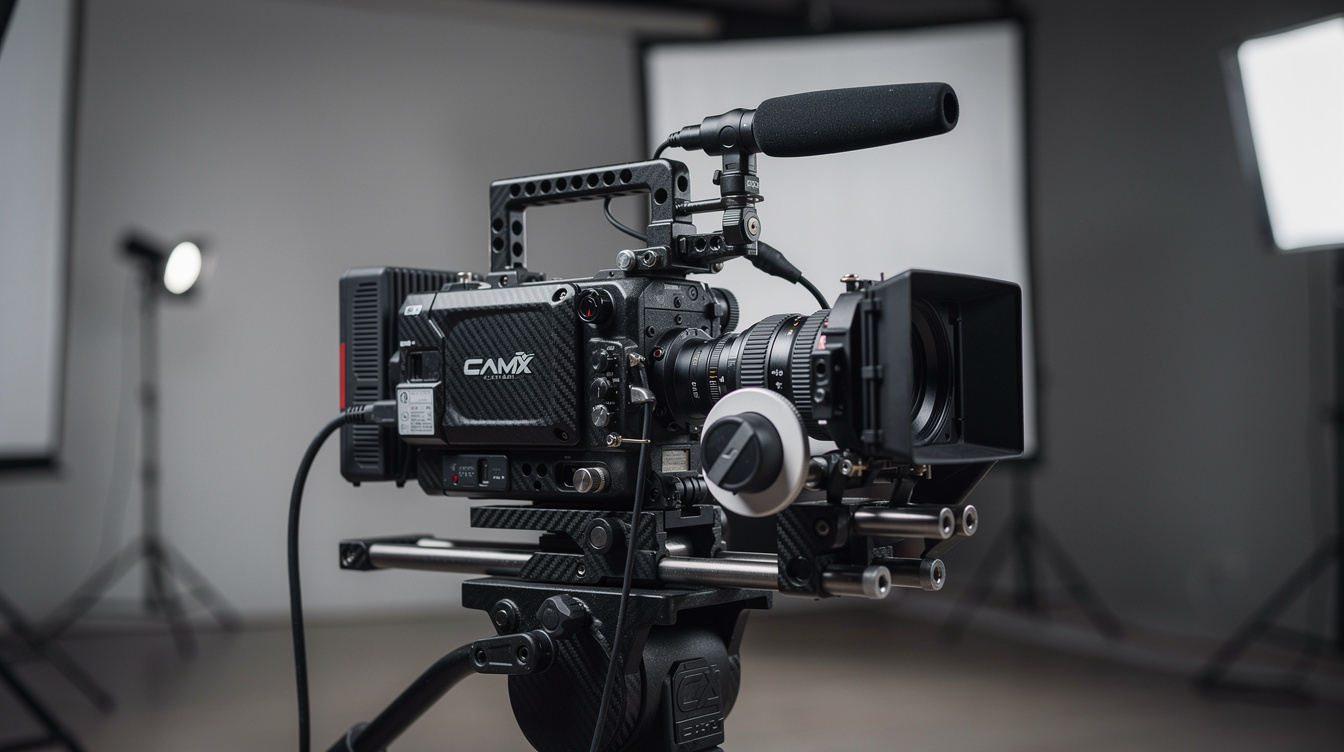 Professional video camera mounted on a tripod rig ready for a studio shoot