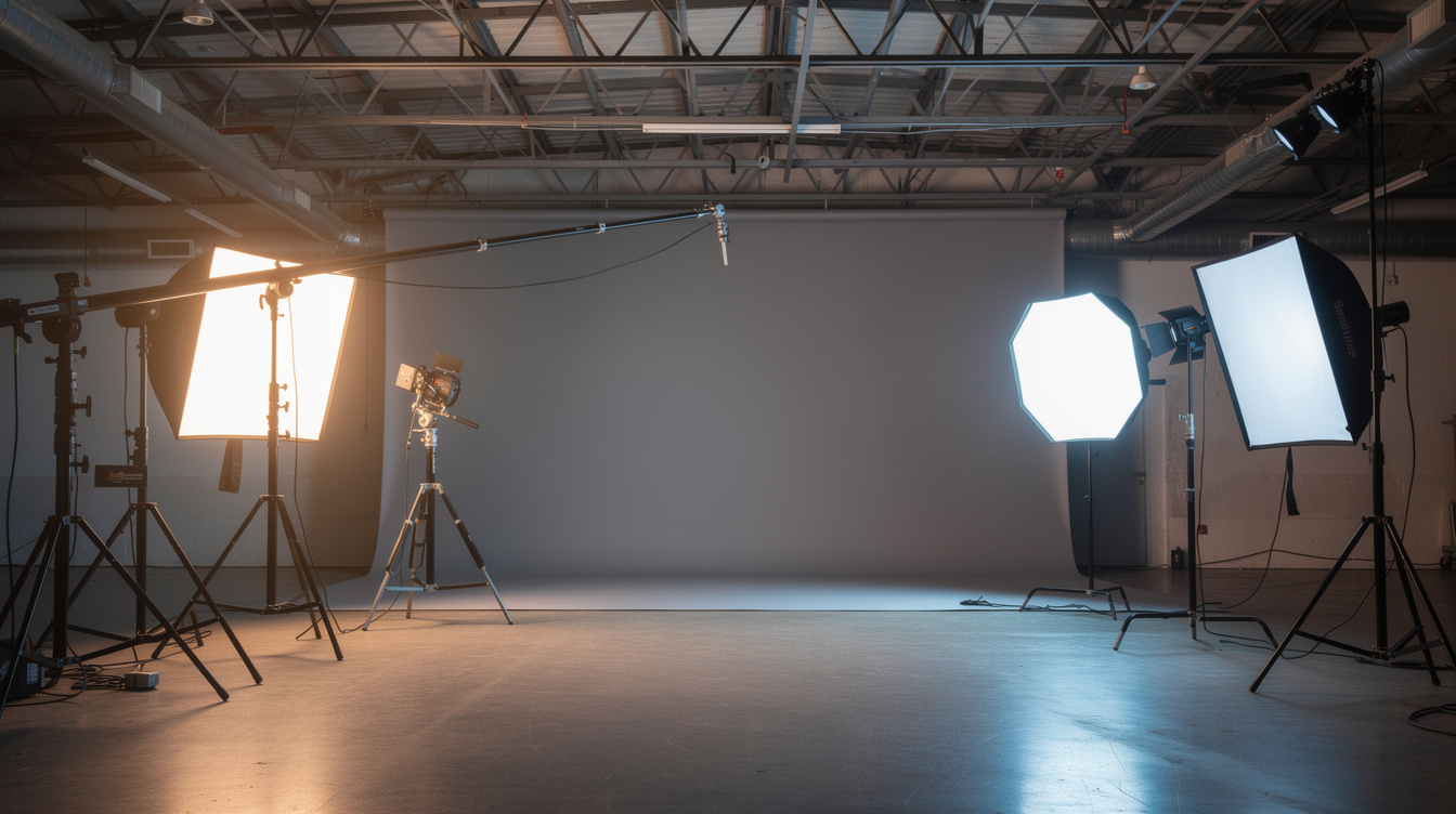 Studio lighting rig with softboxes set up above a filming set