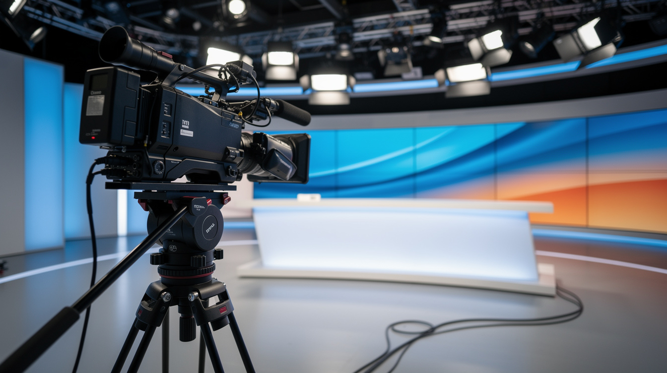 Broadcast television camera pointed at a presenter desk in a news studio