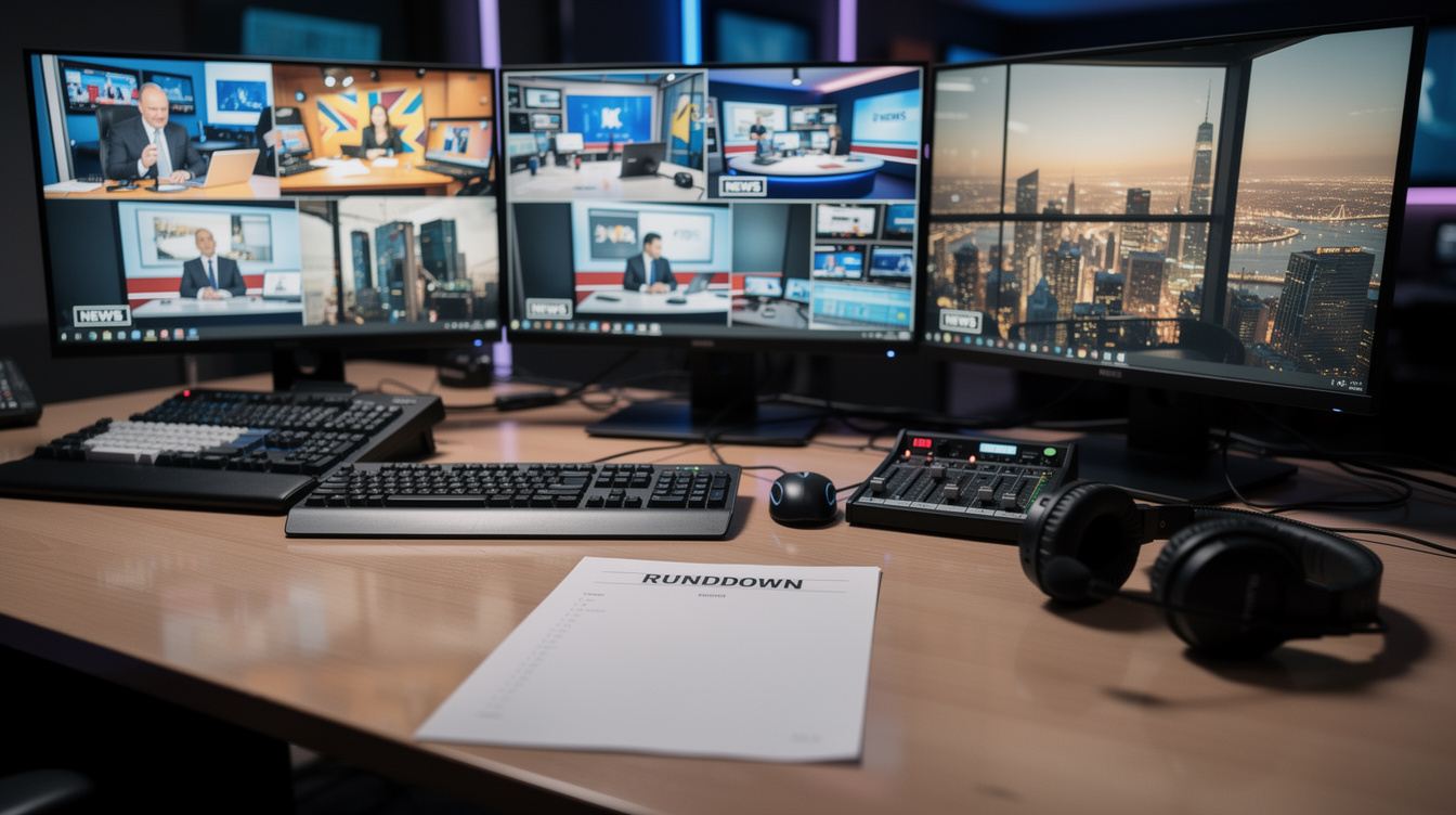 Newsroom desk with multiple monitors displaying live footage and running orders