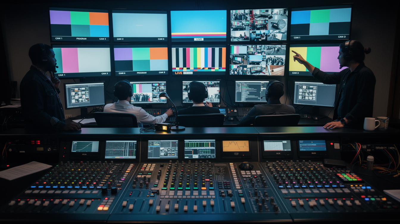 Live broadcast control room with technicians monitoring multiple screens