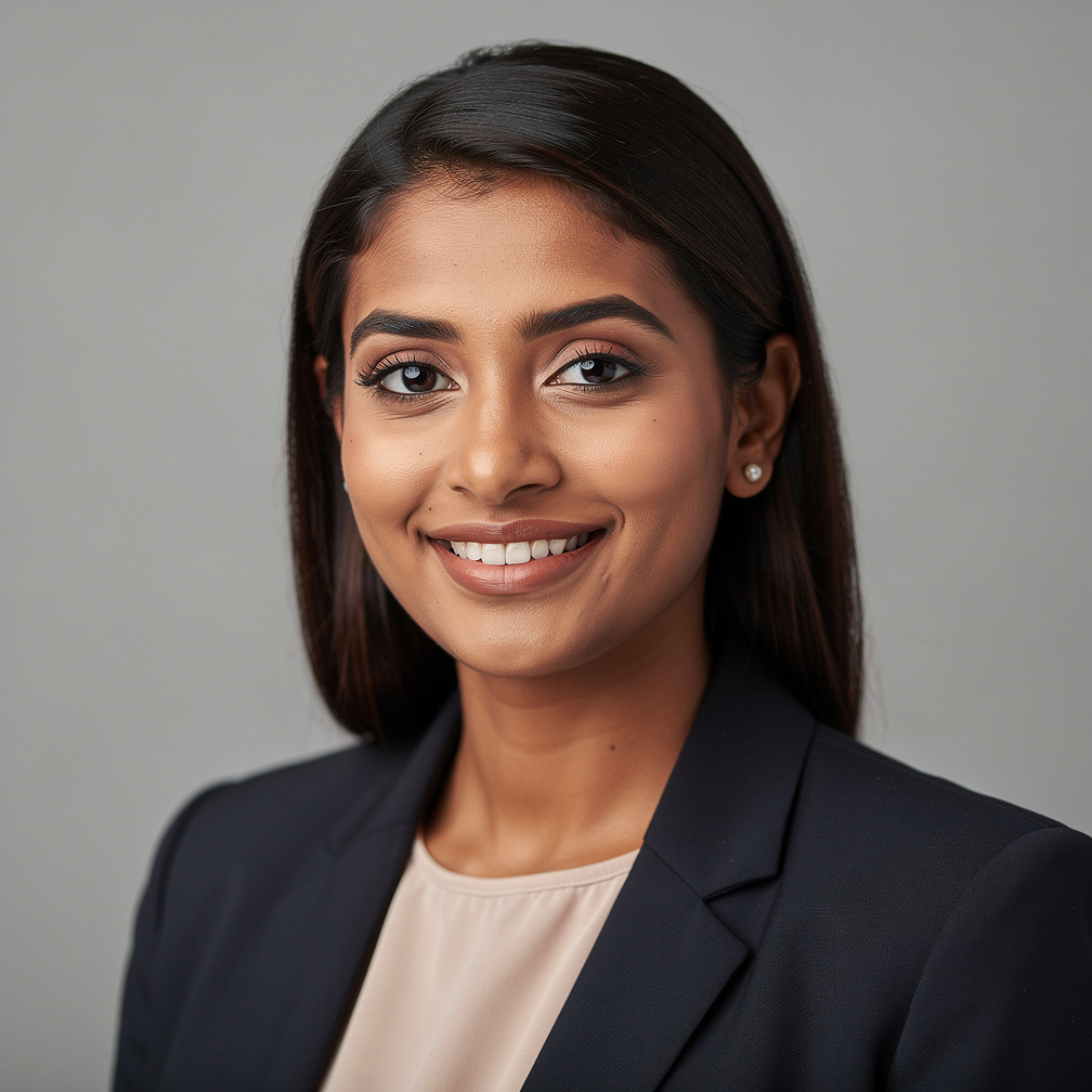 Studio portrait of a woman broadcast producer with a friendly expression