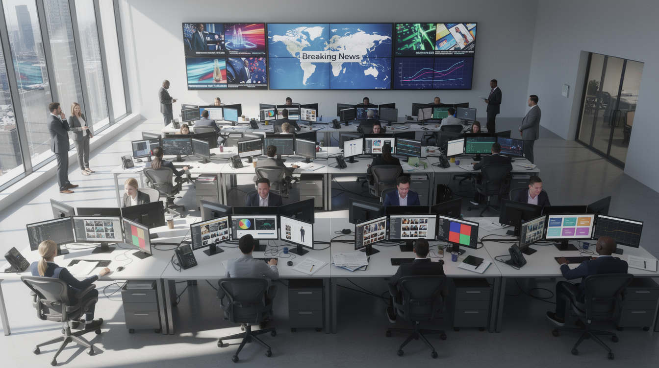 Wide view of a busy modern newsroom with staff working at rows of desks